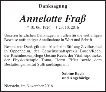 Traueranzeige von Annelotte Fraß von Trauerportal Rhein Main Presse