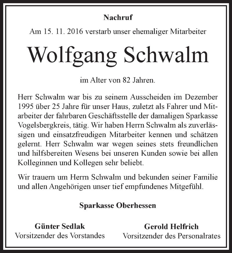  Traueranzeige für Wolfgang Schwalm vom 24.11.2016 aus VRM Trauer