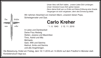 Traueranzeige von Carlo Kreher von Trauerportal Echo Online