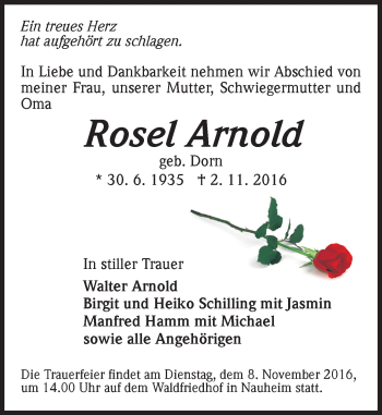 Traueranzeige von Rosel Arnold von Trauerportal Echo Online