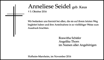 Traueranzeige von Anneliese Seidel von Trauerportal Rhein Main Presse