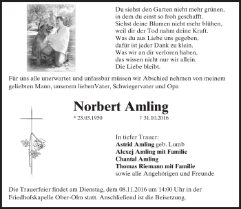 Traueranzeige von Norbert Amling von Trauerportal Rhein Main Presse