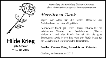 Traueranzeige von Hilde Krieg von  Kreisanzeiger