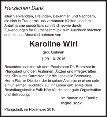 Traueranzeige von Karoline Wirl von Trauerportal Echo Online
