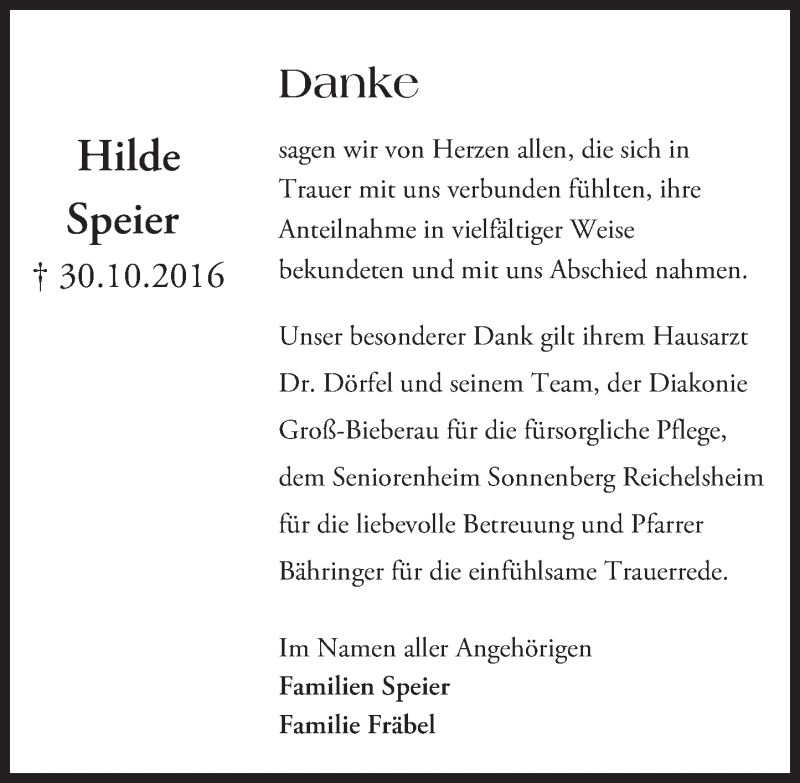  Traueranzeige für Hilde Speier vom 26.11.2016 aus Trauerportal Echo Online