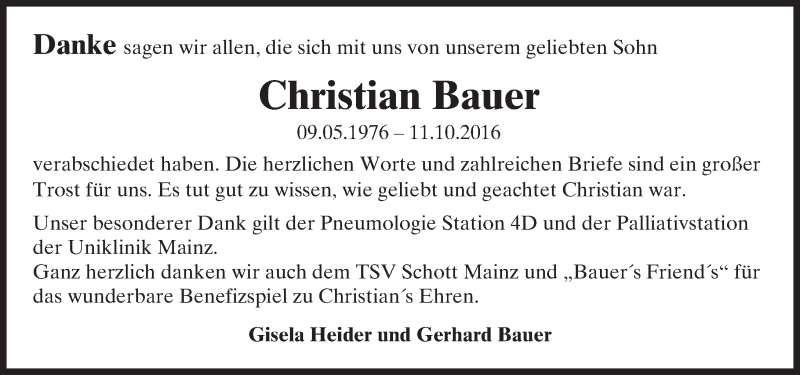  Traueranzeige für Christian Bauer vom 05.11.2016 aus Trauerportal Rhein Main Presse