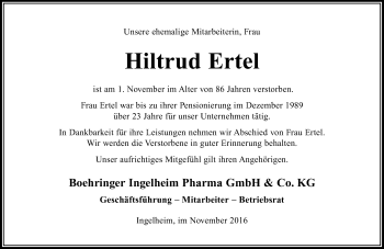 Traueranzeige von Hiltrud Ertel von Trauerportal Rhein Main Presse