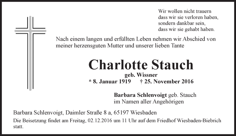  Traueranzeige für Charlotte Stauch vom 30.11.2016 aus Trauerportal Rhein Main Presse