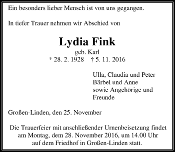 Traueranzeige von Lydia Fink von  Gießener Anzeiger