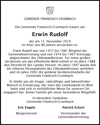 Traueranzeige von Erwin Rudolf von Trauerportal Echo Online