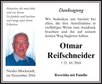 Traueranzeige von Otmar Reifschneider von  Kreisanzeiger