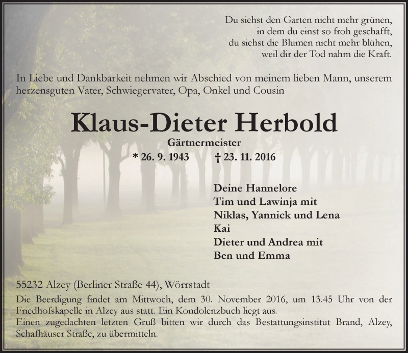 Traueranzeige für Klaus-Dieter Herbold vom 26.11.2016 aus Trauerportal Rhein Main Presse