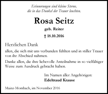 Traueranzeige von Rosa Seitz von Trauerportal Rhein Main Presse
