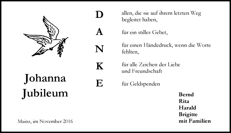  Traueranzeige für Johanna Jubileum vom 05.11.2016 aus Trauerportal Rhein Main Presse