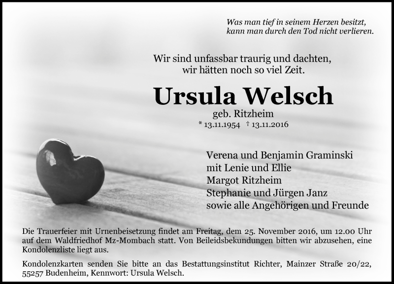  Traueranzeige für Ursula Welsch vom 19.11.2016 aus Trauerportal Rhein Main Presse