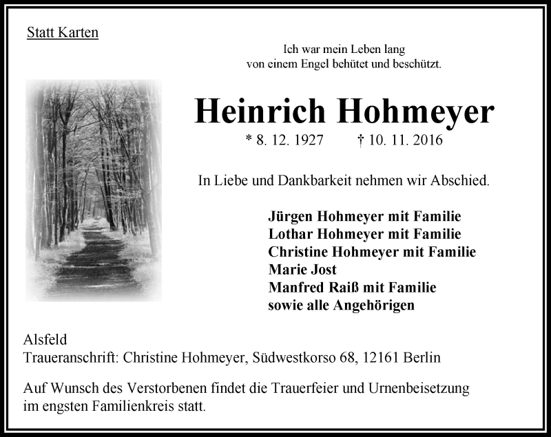  Traueranzeige für Heinrich Hohmeyer vom 12.11.2016 aus VRM Trauer