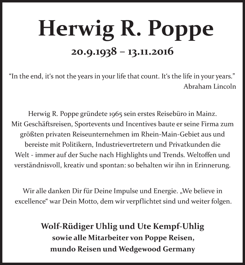  Traueranzeige für Herwig R. Poppe vom 19.11.2016 aus Trauerportal Rhein Main Presse
