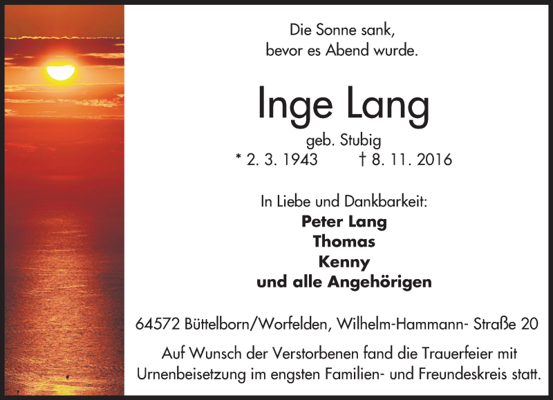  Traueranzeige für Inge Lang vom 17.11.2016 aus Trauerportal Echo Online
