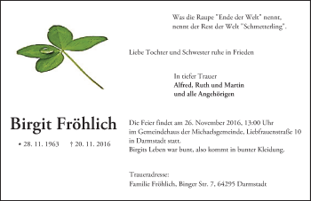 Traueranzeige von Birgit Fröhlich von Trauerportal Echo Online
