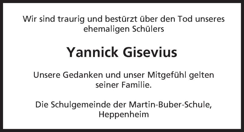  Traueranzeige für Yannick Gisevius vom 08.11.2016 aus Trauerportal Echo Online