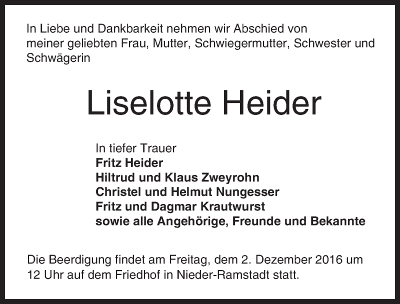  Traueranzeige für Liselotte Heider vom 30.11.2016 aus Trauerportal Echo Online