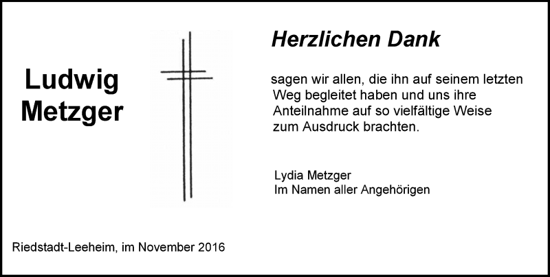  Traueranzeige für Ludwig Metzger vom 26.11.2016 aus Trauerportal Echo Online