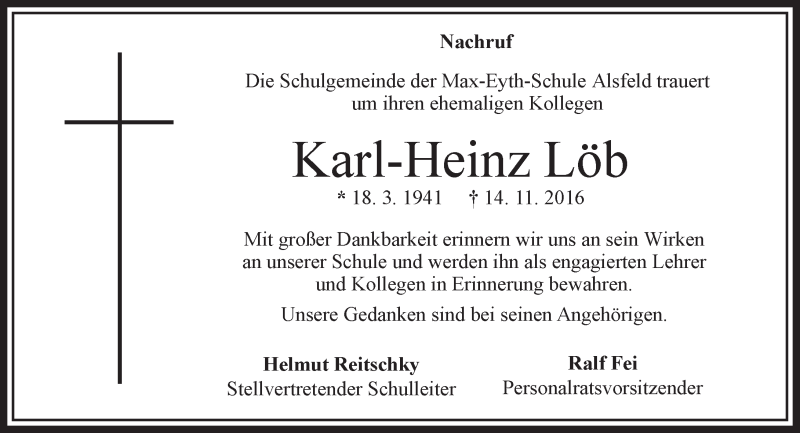  Traueranzeige für Karl-Heinz Löb vom 21.11.2016 aus VRM Trauer