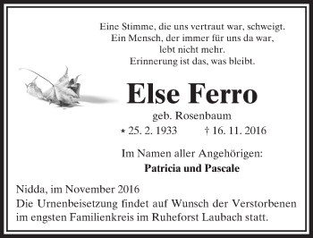 Traueranzeige von Else Ferro von  Kreisanzeiger