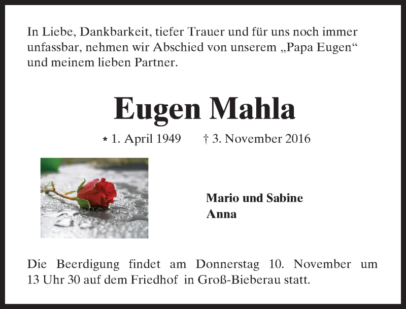  Traueranzeige für Eugen Mahla vom 08.11.2016 aus Trauerportal Echo Online