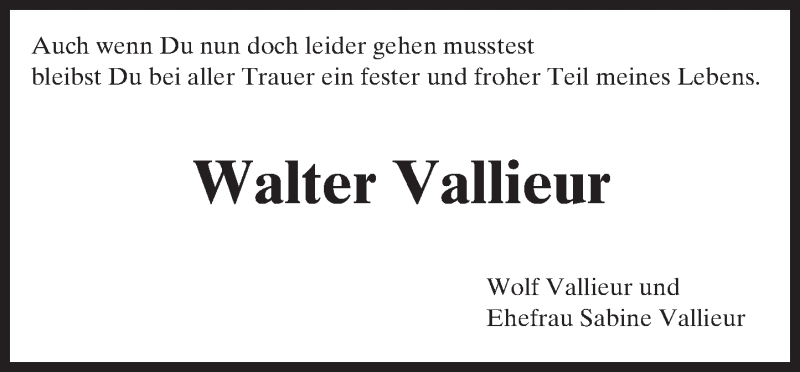  Traueranzeige für Walter Vallieur vom 16.11.2016 aus Trauerportal Rhein Main Presse