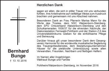 Traueranzeige von Bernhard Bunge von  Gießener Anzeiger