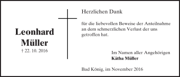 Traueranzeige von Leonhard Müller von Trauerportal Echo Online