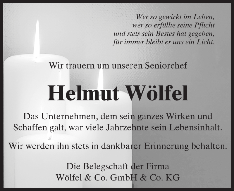  Traueranzeige für Helmut Wölfel vom 24.11.2016 aus Trauerportal Echo Online