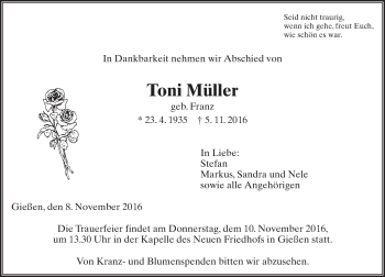 Traueranzeige von Toni Müller von  Gießener Anzeiger
