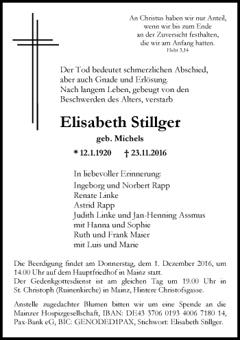Traueranzeige von Elisabeth Stillger von Trauerportal Rhein Main Presse