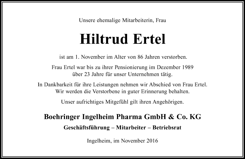  Traueranzeige für Hiltrud Ertel vom 12.11.2016 aus Trauerportal Rhein Main Presse