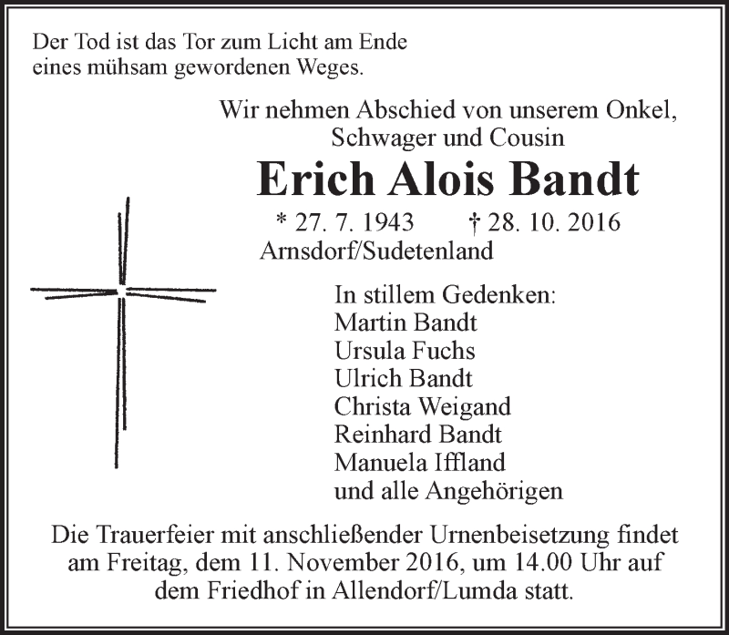  Traueranzeige für Erich Alois Bandt vom 09.11.2016 aus  Gießener Anzeiger