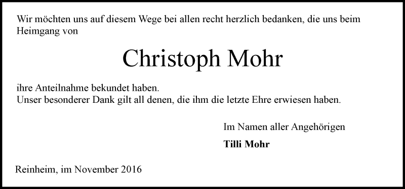  Traueranzeige für Christoph Mohr vom 19.11.2016 aus Trauerportal Echo Online