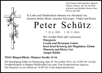 Traueranzeige von Peter Schütz von Trauerportal Rhein Main Presse