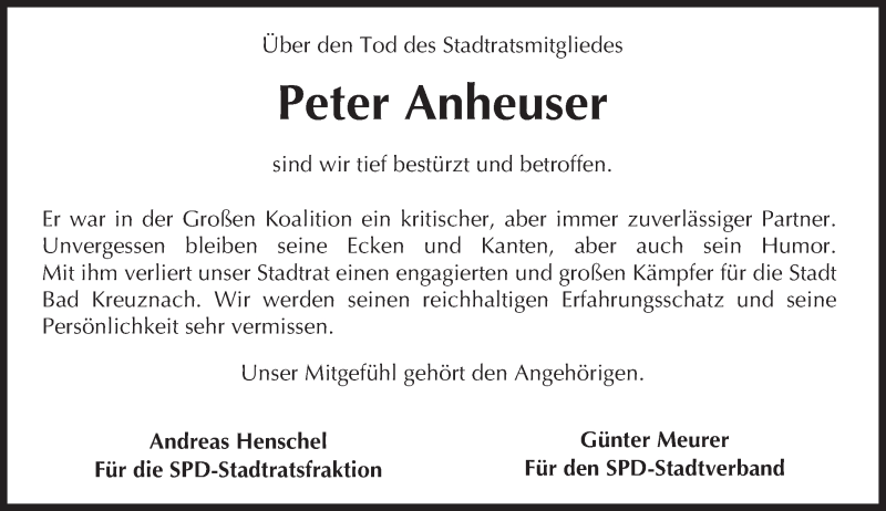 Traueranzeige für Peter Anheuser vom 05.11.2016 aus Trauerportal Rhein Main Presse