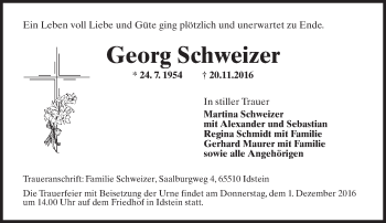Traueranzeige von Georg Schweizer von Trauerportal Rhein Main Presse