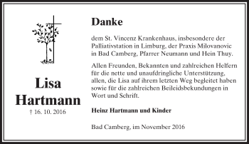 Traueranzeige von Lisa Hartmann von  Camberger Anzeiger