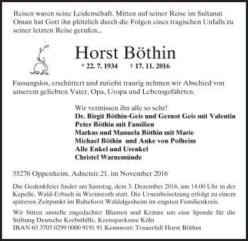Traueranzeige von Horst Böthin von Trauerportal Rhein Main Presse