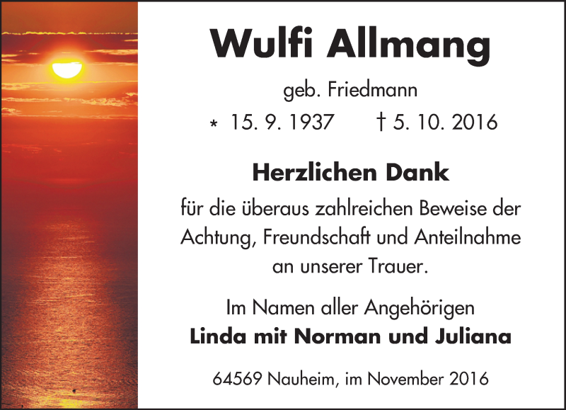  Traueranzeige für Wulfi Allmang vom 19.11.2016 aus Trauerportal Echo Online
