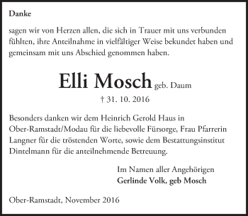 Traueranzeige von Elli Mosch von Trauerportal Echo Online
