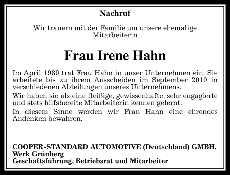  Traueranzeige für Irene Hahn vom 03.11.2016 aus  Gießener Anzeiger