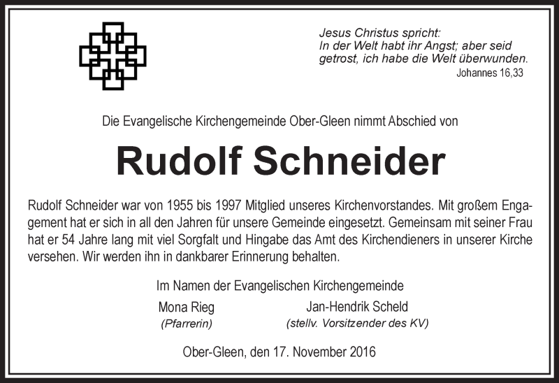  Traueranzeige für Rudolf Schneider vom 17.11.2016 aus VRM Trauer