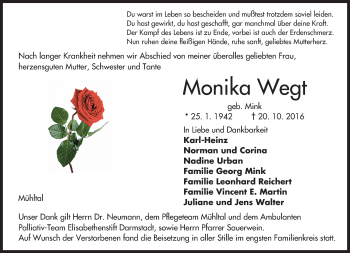 Traueranzeige von Monika Wegt von Trauerportal Echo Online