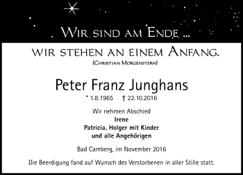 Traueranzeige von Peter Franz Junghans von  Camberger Anzeiger