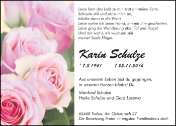 Traueranzeige von Karin Schulze von Trauerportal Echo Online